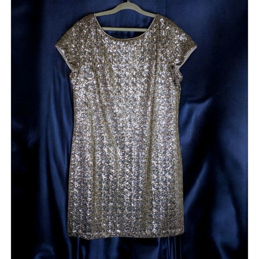 White House Black Market Sequin Sheath Dress Gold Metallic Party Cocktail Sz 10